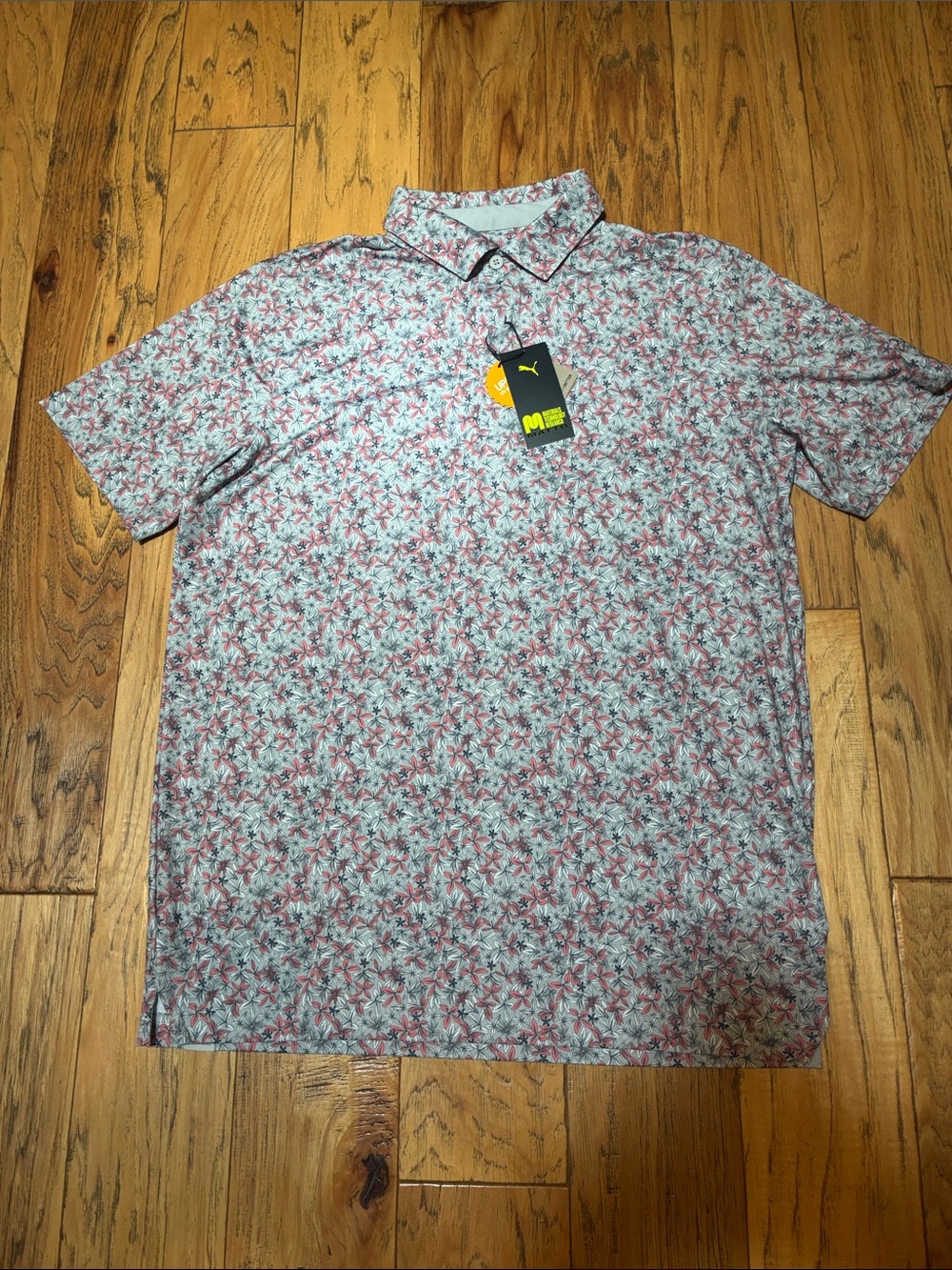 PUMA Men’s Short Sleeve Floral Polo - Pink, Grey & White - medium